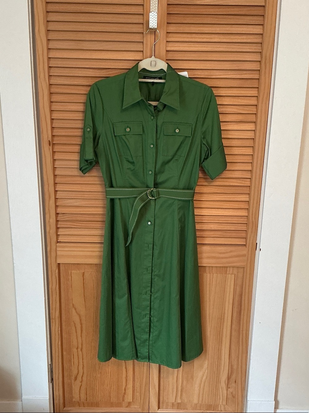 Jones New York Olive Green Button-Front Midi Shirt Dress